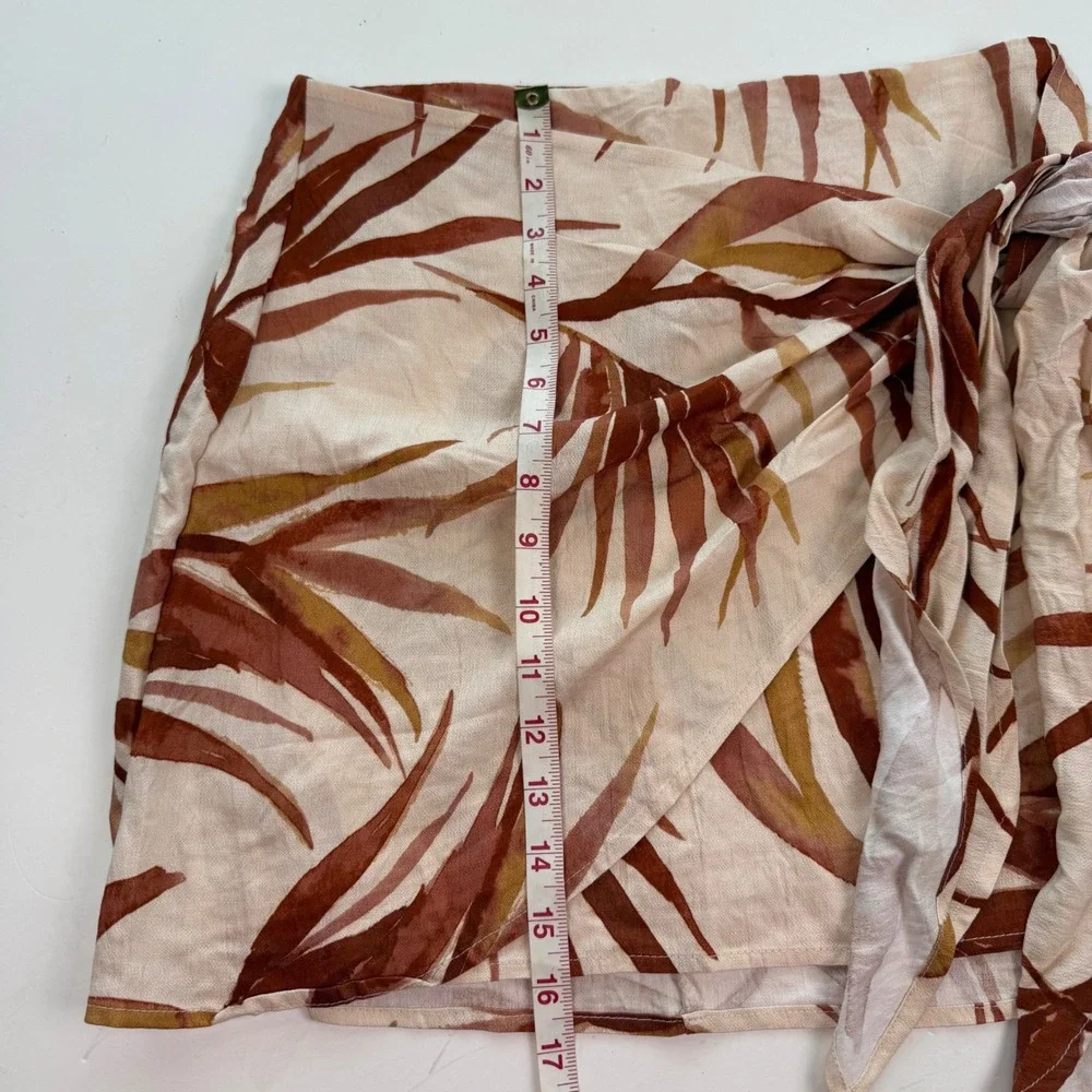 Tropical Palm Print Faux Wrap Mini Skirt Side Tie Cream Terracotta Large